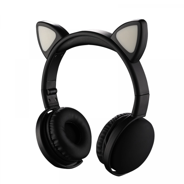 Wholesale Cat Ear Bluetooth Headphone Headset with Built in Mic, LED Luminous Light, Foldable, 3.5mm Aux In for Adults Children Home School (Black)